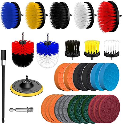 32 Piece Drill Brush Attachment Set, Yasolote Power Scrubber Drill Brush Kit, Scrub Brush With Extend Long Attachment, Scrubing Pads Cleaning Kit For Tile Sealants, Bathtub, Sinks, Floor, Wheels, Carp