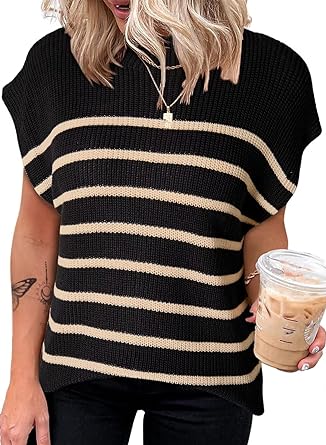 Dokotoo Women's Sweater Cap Sleeve Mock Neck Basic Loose Fit Ribbed Knit Pullover Striped Sweaters 2024 Summer Y2k Outfits