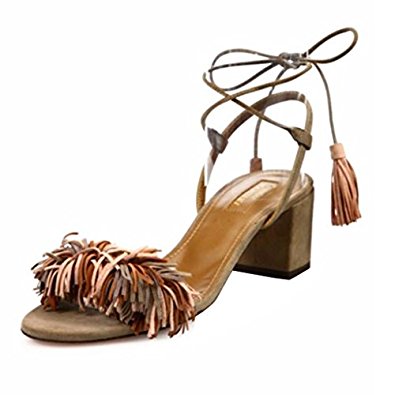 Comfity Block Heels For Women Women's Lace Up Sandals Fringed Tassel Shoes Ankle Ties Dress Sandals