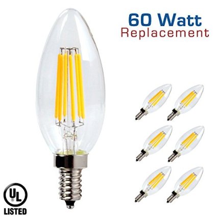 Luxrite LR21204 (6-Pack) 6W LED Filament Candelabra Bulb, 60W Equivalent LED Candle Bulb, Warm White 2700K, 650 Lumens, 270° Beam Spread, Torpedo Shape, E12 Base, UL-Listed