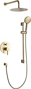 Bathroom Brass Shower Mixer Systems Kit Set Wall Mounted Round Rain Showerhead Brushed Golden
