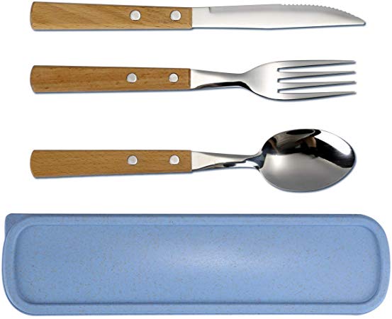 Portable Utensils Set with Case - 3 Pieces Wood Handle Reusable Flatware Set Knife Fork Spoon Stainless Steel Portable Travel Utensil Set for Travel/Camping Office Lunch with Carry ((Khaki)