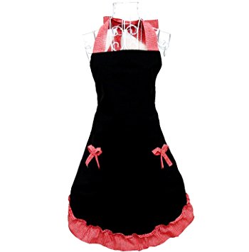 Hyzrz Cute Black Red Retro Kitchen Restaurant Flirty Cooking Aprons for Women Girls Waitress with pockets Apron for Gift