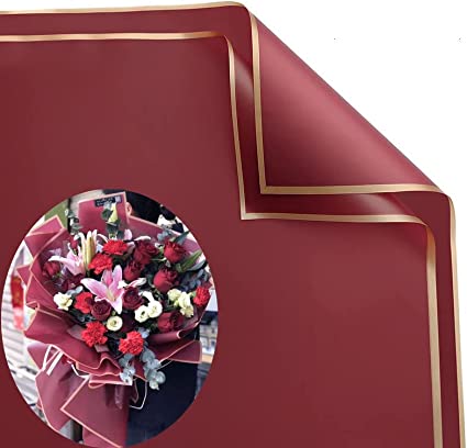 XICHEN 20 Sheets Pure color gold edge Flower Wrapping Paper,Florist Bouquet Supplies,DIY Crafts,Gift Packaging or Gift Box Packaging, Wraps Waterproof Floral Wrapping Paper 22.8 * 22.8Inch (Red wine)