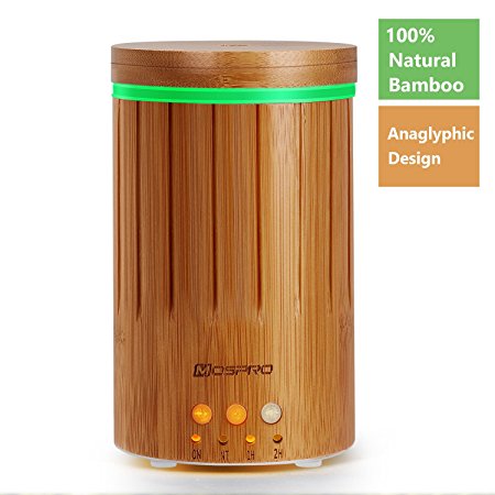 MOSPRO Real Bamboo Essential Oil Diffuser, Ultrasonic Aromatherapy Diffusers with 7 LED Lights and Waterless Auto Shut-off