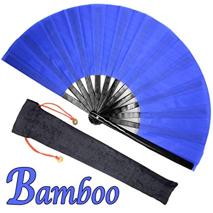 OMyTea Bamboo Large Rave Folding Hand Fan for Men/Women - Chinese Japanese Kung Fu Tai Chi Handheld Fan with Fabric Case - for Performance, Decorations, Dancing, Festival, Gift (Blue)