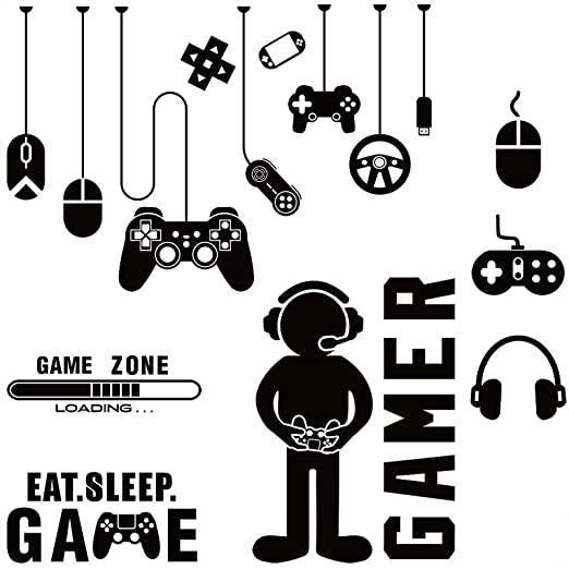 Gamer Sticker, Eat Sleep Game Wall Decal,Gamer with Controller Wall Decal, Game Zone, Video Game, Wall Stickers Mural for Home, Playroom Bedroom Decoration (Black)