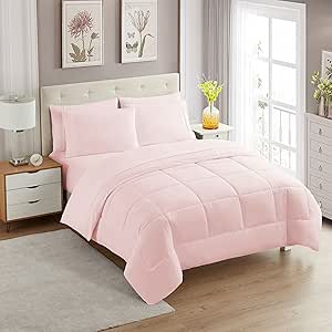 Sweet Home Collection 7 Piece Comforter Set Bag Solid Color All Season Soft Down Alternative Blanket & Luxurious Microfiber Bed Sheets, Pale Pink, King