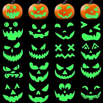 16 Pieces Halloween Luminous Pumpkin Sticker Fluorescent Green Decals Sticker Glow in The Dark Window Wall Door Stickers Decorating Craft Kits for Halloween Party Decorations Supplies