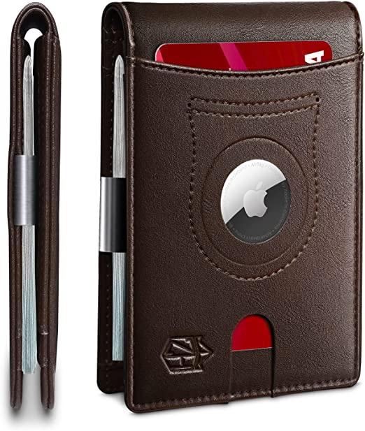 Zitahli Airtag-Wallet-Mens-Slim-RFID Wallet Leather with Airtag Holder 10 Card Slots Slim with ID Window and Money Clip Gift Box