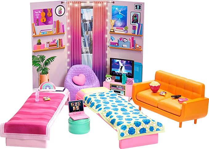 Barbie: Big City, Big Dreams Dorm Room Playset with 2 Beds, Couch, Bean Bag Chair, Bedroom Furniture, Décor & Accessories, Gift for 3 to 7 Year Olds