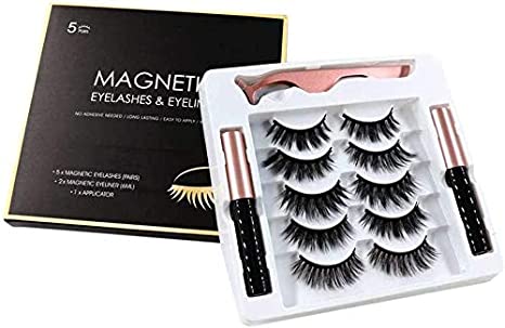 Magnetic Eyelashes [2020 MODEL] Extension Kit, 5 Pairs, Free Tweezer, Eyeliner Long Lasting & Natural Look, Reusable Magnetic Eye lashes