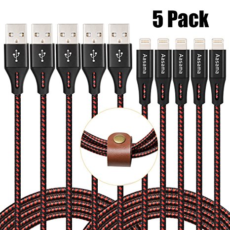 Aasama iPhone Charger 5 Pack 6 Feet Nylon Braided 8 Pin Lightning to USB Cable (With Leather Strap)
