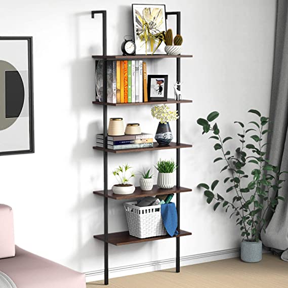 UVII Ladder Shelf Bookshelf, 5 Tier Wall-Mounted Industrial Ladder Bookcase Wood Look Plant Flower Storage Stand Organizer Utility Storage Rack for Living Room, Kitchen, Office
