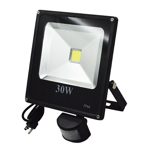 Floodoor LED Motion Sensor Flood Light,30W Daylight White,US 3 Prong Plug,Infrared Sensor Swtich,Weatherproof,Streamline Design,Outdoor Garden Yard