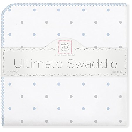 SwaddleDesigns Ultimate Swaddle Blanket, Made in USA, Premium Cotton Flannel, Pastel Blue and Sterling Little Dots