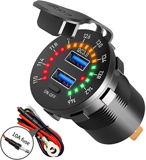 Quick Charge 3.0 Dual USB Charger Socket with Voltmeter and Switch, SunnyTrip Waterproof 36W 6A 12V USB Outlet Fast Charger Power Outlet for 12V Car Boat Motorcycle Truck Golf Cart and More