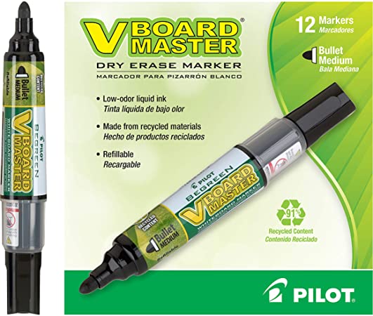 PILOT V Board Master BeGreen Refillable White Board Markers, Bullet Tip, Black Ink, 12-Pack (VBMMBLK-BC)