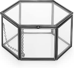 Hipiwe Glass Jewelry Box - Vintage Trinket Display Box Hexagonal Wedding Ring Box Black Jewelry Display Organizer for Rings Earrings Bracelet Watch, Medium