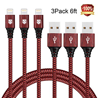 Sundix iPhone Charger 3Pack 6FT Ultra Long Nylon Braided Cord Lightning to USB Cable Compatible with iPhone 7/7 Plus/6/6 Plus/6S/6s Plus/SE/5S/5/5, iPad, iPod and More (Wood, Red)