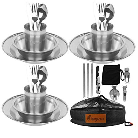 Bisgear 13-34pcs Stainless Steel Tableware Mess Kit Includes Plate Bowl Cup Spoon Fork Knife Chopsticks Carabiner Wine Opener Dishcloth & Mesh Travel Bag for Backpacking & Camping