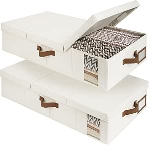 StorageWorks Under Bed Storage with Lid, Underbed Storage Containers with Handles, Underbed Organizer for Bedroom, Foldable Clothing Storage Bins, Box for Blankets, Large, Beige, 2-Pack