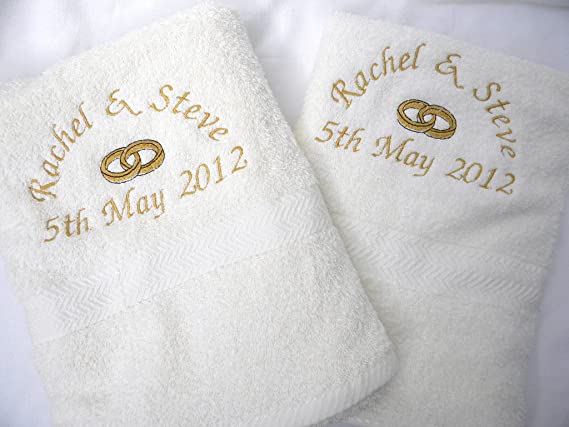 Giftsabc Personalised 2 piece towel set 2 bath towels embroidered egyptian cotton wedding anniversary engagement (white)