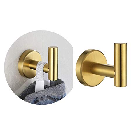 JQK Gold Bathroom Towel Hook, Coat Robe Clothes Hook for Bathroom Kitchen Garage Wall Mounted (Pack of 2), SUS 304 Stainless Steel Brushed Gold, TH100-BG-P2