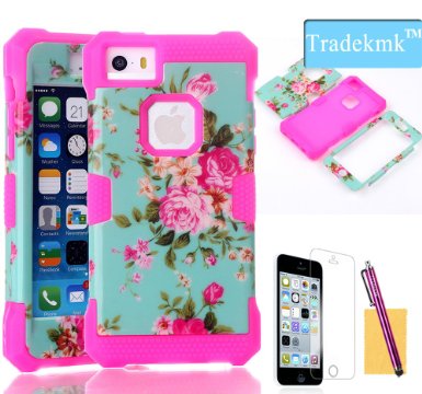 iPhone 5C Case ,Tradekmk(TM)Unique Noctilucence In the Dark Soft Silicone Elegant Flowers Hybrid High Impact Bumper Hard Back Case Cover Fit For Apple iPhone 5C(Rose Red),with Stylus Pen,Screen Protector and Cleaning Cloth