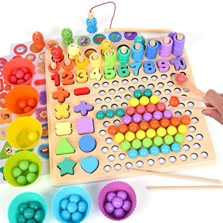 XREXS Wooden Peg Board Bead Game, Counting and Sorting Toys for Toddlers, Montessori Educational Toys for Ages 2 3 4 5 Years Old, Number Shape Puzzle Magnetic Fishing Game Learning Toy for Kids