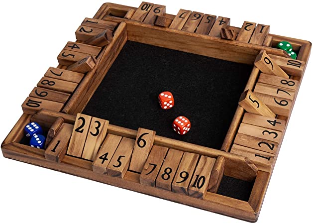 ROPODA 4 Way Shut The Box Dice Game Wooden (2-4 Players) for Kids & Adults [and Black Felt 4 Sided Wooden Board Game, 10 Dice   Game Rules] Amusing Game for Learning Addition, 12 inch Stained Wood
