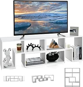 Giantex Meuble TV Combiné Libre avec Étagères Ouvertes, Meuble Télé 3 Pièces en MDF Jusqu’à 65 Pouces, Meuble TV Bois pour Salon Chambre et Bureau, 134-180x30x43 cm, Blanc