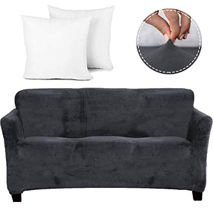 FinerFiber Velvet High Stretch Strapless Couch cover   Extra 2 Insert Cushions  Throw Pillow Covers | 1- piece Sofa Cover for Furniture | Soft Durable Sofa Covers for 3 Cushion Couch