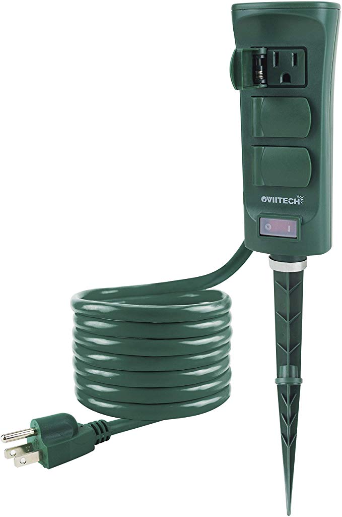 Oviitech 6-Outlet Outdoor Yard Power Stake with Weatherproof Cover and ON/Off Switch, 9 Foot Extension Cord Power Strip, Weather Resistant, ETL Certified, Green