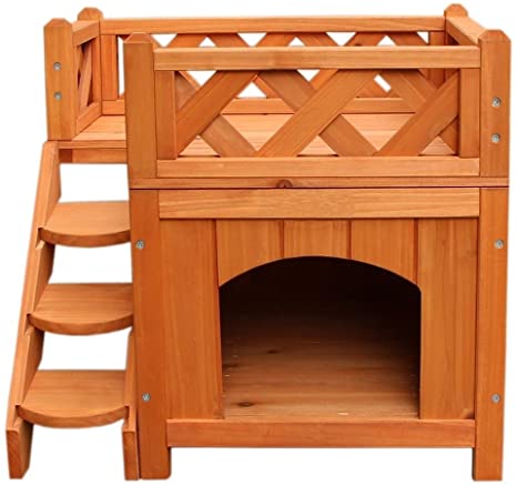 Panow Pet Dog House, Wooden Dog Room Shelter with Stairs, Raised Roof and Balcony Bed for Indoor and Outdoor Use, Wood Dog House