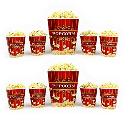 Popcorn Bucket Set - 2 Large & 8 Small Paramount Plastic Serving Bowl Tubs