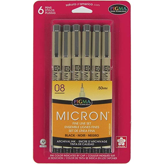 Sakura 50039 6-Piece Pigma Micron-08 Ink Pen Set, 0.50mm, Black