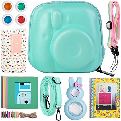 Katia Mini 9 Hard Case Accessories for Fujifilm Instax Mini 9 or Mini 8 Instant Film Camera. Fuji Instax Mini Case with Strap, Photo Album, Frame, Selfie Len, Filters, Stickes - Mint