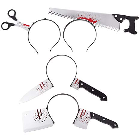 4-Pack Scary Halloween Horror Headbands - Realistic Bloody Cleaver, Knife, Scissors, Saw Blade - for Teens & Adults - One Size Fits Most
