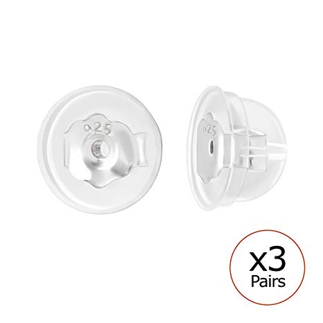 AUBE JEWELRY Hypoallergenic 925 Sterling Silver Earring Backs Coated with Soft Clear Silicone 3 Pairs