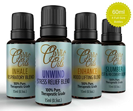 Top Aromatherapy Blends Gift Set By Ovvio Oils. Save 46% Off Our Most Popular Blends by Combining In This Special Essential Oils Kit (Inhale Respiratory, Unwind Stress Relief, Enhance Mood Lifting And Slumber Natural Sleep Blends). 4 Full Size 15ml Bottles.