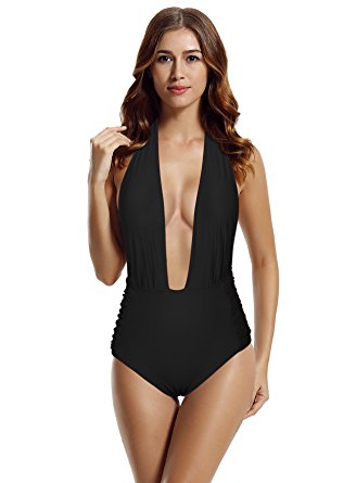 zeraca Women's Deep Plunge High Waisted One Piece Swimsuit Bathing Suit