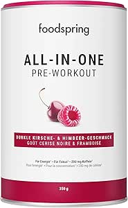 foodspring Pre workout booster puissant - 200 mg de caféine & sans sucre - avec EnXtra, Taurine pure, Citrulline, B6, B8, Choline & Ashwagandha (350g | Cerise Noire et Framboise)