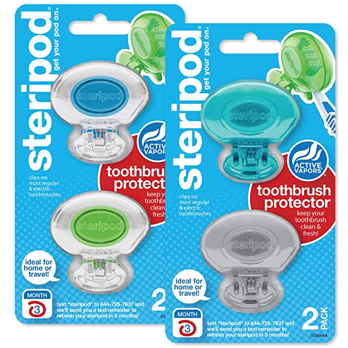 Steripod Clip-On Toothbrush Protector, Clear Blue/Clear Green/Blue/Silver, 4, Teal, Silver, Blue Clear, Green Clear, 2 Count (Pack Of 2)