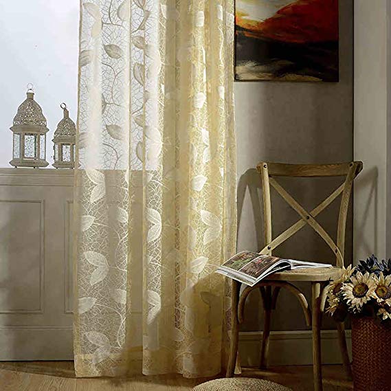 Living Room Sheer Curtains Leaves Jacquard Voile Window Panel for Bedroom, Kitchen, Beige, Wrinkle Free, 42x63 Inch, Two Panels