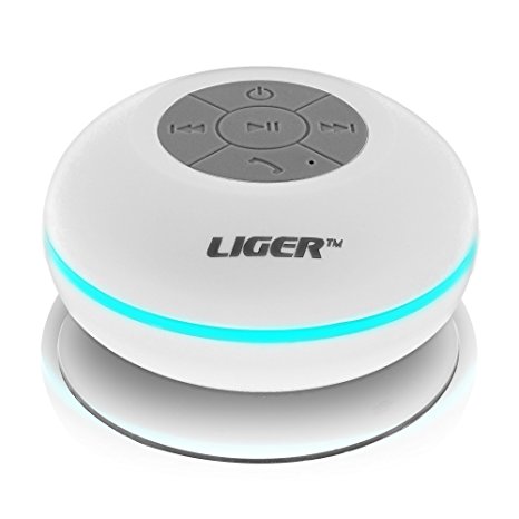 Waterproof Shower Speaker, Liger Waterproof Wireless Bluetooth Shower Speaker & Hands-free Speakerphone - Exclusive LED Light Effects, Micro USB Charger And Powerful Crystal Clear Premium Sound Compatible With All Bluetooth Devices, Apple iPhone 6/6 Plus/5/5S/5C Siri and All Android Devices. - White