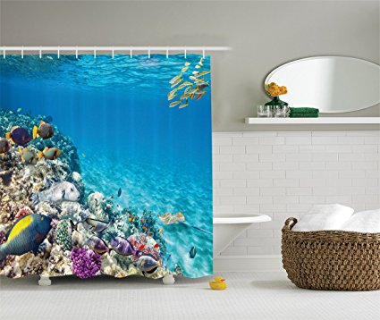 Ambesonne Ocean Decor Collection, Clear Underwater Sea Animal World with Corals and Tropical Fishes and Stingray Egyptian Sea Picture, Polyester Fabric Bathroom Shower Curtain, 84 Inches Extra Long