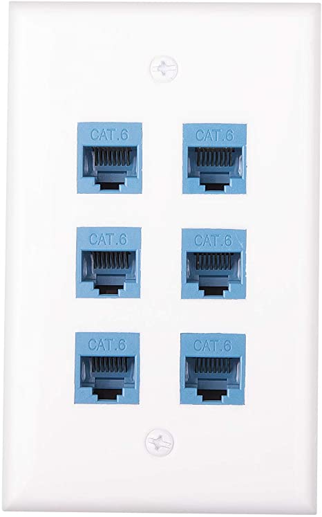 iGreely Ethernet Wall Plate - 6 Port Female to Female Decorative Faceplate Cat6 Keystone Jack Wall Plate Compatible with Cat7/6/6e/5/5e Ethernet Devices White Wall Plate with Blue Ethernet Keystone