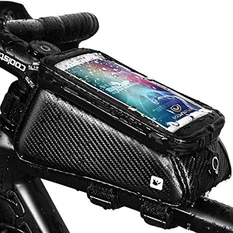 visnfa Bike Phone Mount Bag, Bicycle Waterproof Front Frame Top Tube Handlebar Bag with Touch Screen Holder Case for iPhone Android Cellphones Under 6.5”