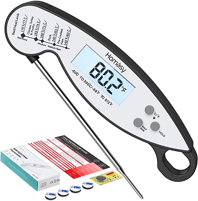 Homasy Digital Meat IP67 Waterproof Instant Read Cooking Thermometer with Backlight Ambidextrous Display for BBQ Baking Turkey Water Milk, Standard, White